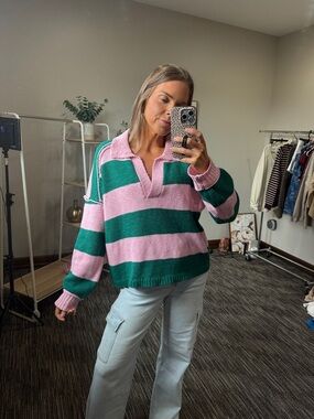 Lumiere Pink & Green Striped V-Neck Polo Sweater